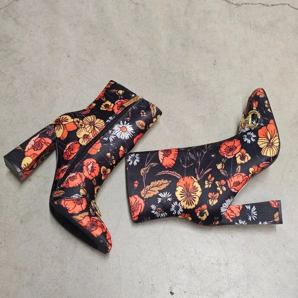 Floral Block Heel Ankle Boots With Gold Buckle Detail & Side Zipper Closure